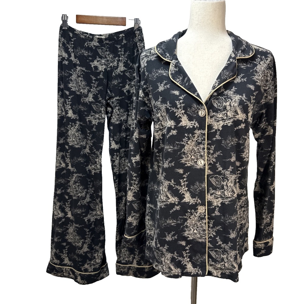 BedHead Pajama Set Size S Long Sleeve Shirt Pants Black Beige Cotton Toile Print